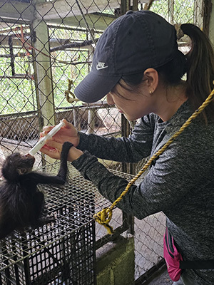 A young woman with a black baseball cap and a ponytail of dark hair inserts a syringe into the mouth of a baby monkey sitting on a wire cage.